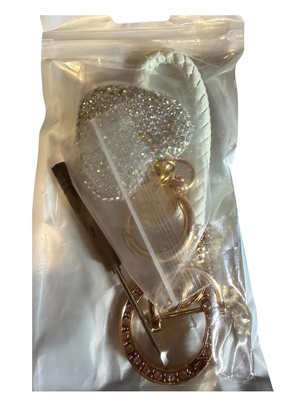 Crystal Heart Gold Keychain Wristlet - White Braided Strap